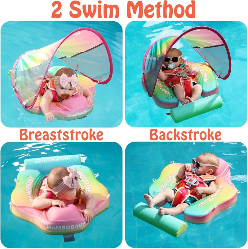 AnjeeIOT Mambobaby Float with Canopy Baby Float Non-Inflatable Baby Pool Float Solid Swimming Float Upgraded Add Tail Never Flip Over for Infant 3-24 Months, Rainbow Pink - Image 2